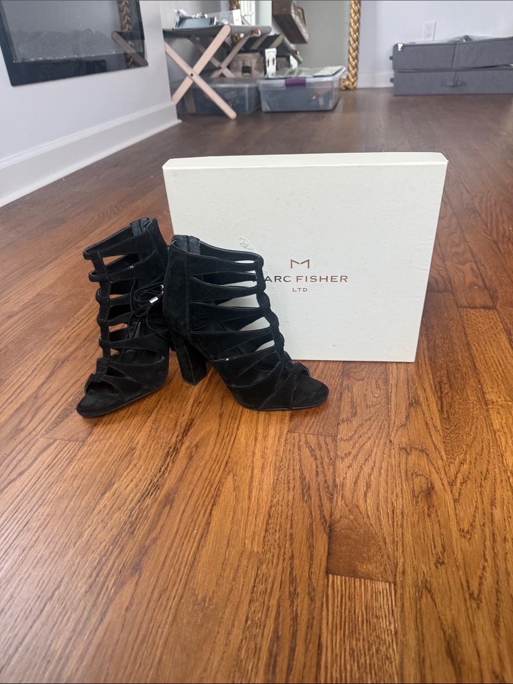 Marc Fisher Black Strappy Suede Chunky Heel Sandals